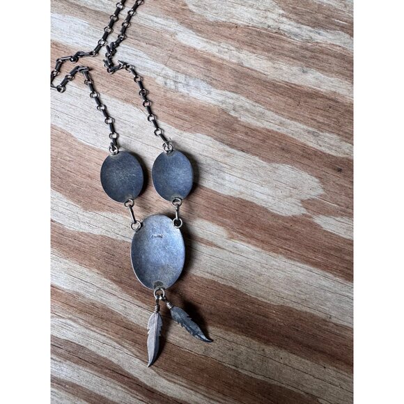 Native American Sterling Silver Navajo Necklace With Multi-Stone Inlay & Feather - Picture 7 of 8